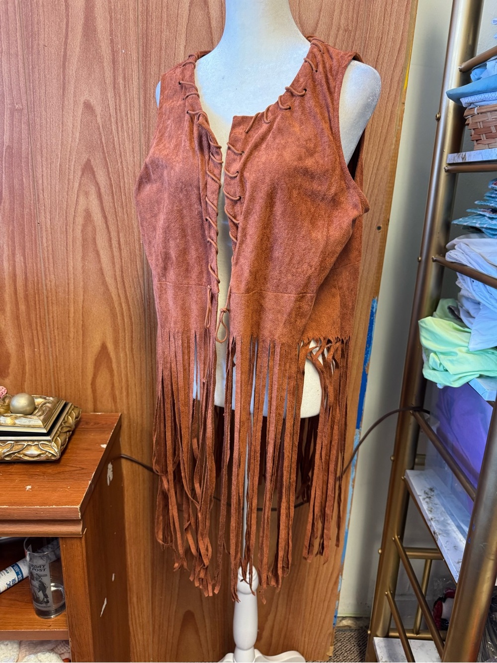Brown Sleeveless Vest Long Fringe Hem Western Halloween Costume Piece L Large